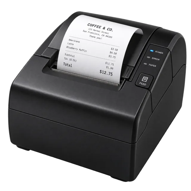 Thermal receipt printer printing a café receipt