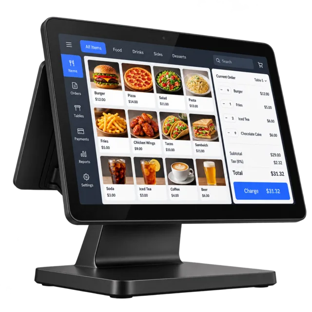 Touchscreen POS terminal showing a menu and a running order